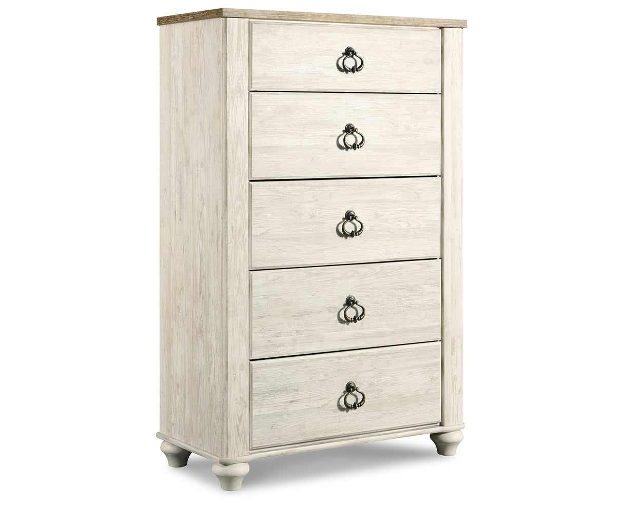 Willowton Twin Panel Bed with Storage with Mirrored Dresser, Chest and Nightstand in Whitewash from Ashley Furniture - Luna Furniture