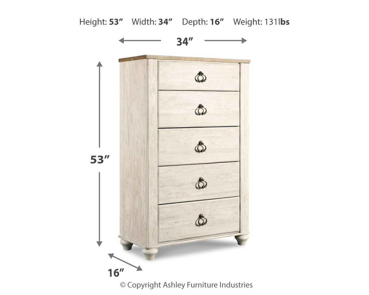 Willowton Whitewash Queen Panel Bed with Mirrored Dresser, Chest and 2 Nightstands from Ashley Furniture - Luna Furniture