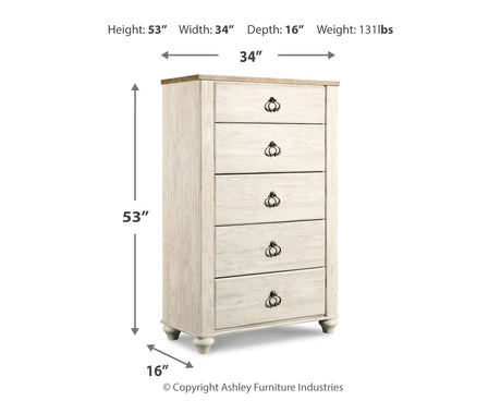 Willowton Whitewash Queen Panel Bed with Mirrored Dresser, Chest and 2 Nightstands from Ashley - Luna Furniture