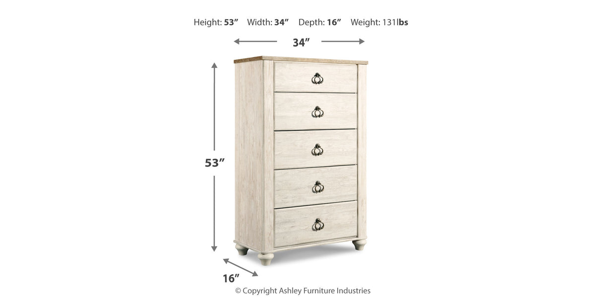 Willowton King Panel Bed with Mirrored Dresser, Chest and 2 Nightstands in Whitewash from Ashley - Luna Furniture