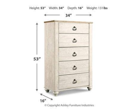Willowton Whitewash Queen Sleigh Bed, Dresser, Mirror, Chest and Nightstand from Ashley - Luna Furniture