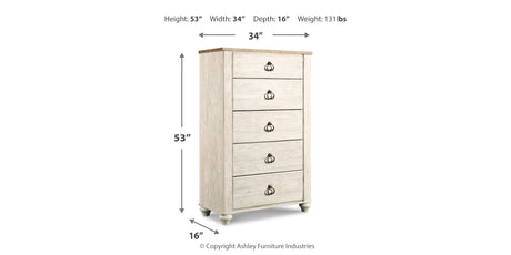 Willowton Queen Sleigh Bed with Mirrored Dresser and Chest in Whitewash from Ashley Furniture - Luna Furniture