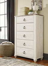 Willowton Whitewash Queen Panel Bed with Mirrored Dresser, Chest and 2 Nightstands from Ashley Furniture - Luna Furniture