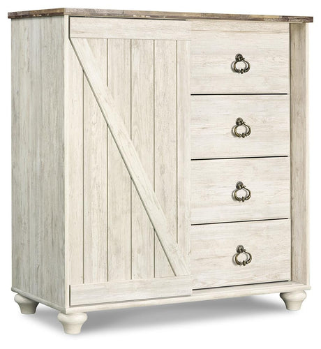 Willowton Whitewash King Panel Bed, Dresser, Mirror, Chest and Nightstand from Ashley Furniture - Luna Furniture