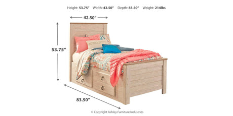 Willowton Twin Panel Bed with Storage with Mirrored Dresser, Chest and Nightstand in Whitewash from Ashley - Luna Furniture