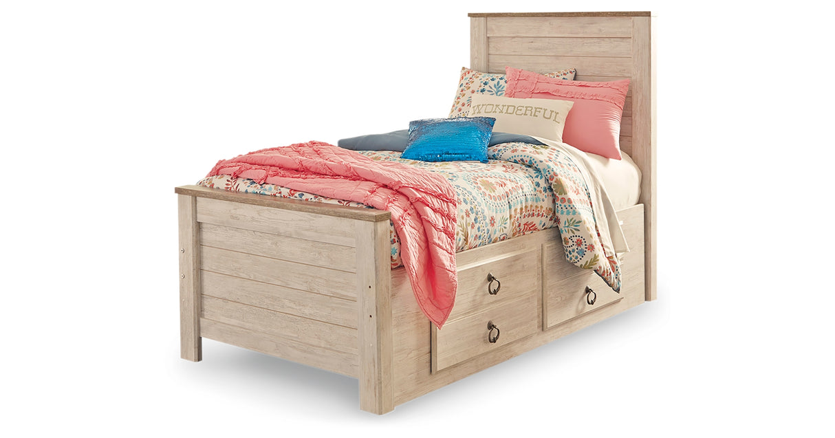 Willowton Twin Panel Bed with Storage with Mirrored Dresser, Chest and Nightstand in Whitewash from Ashley Furniture - Luna Furniture