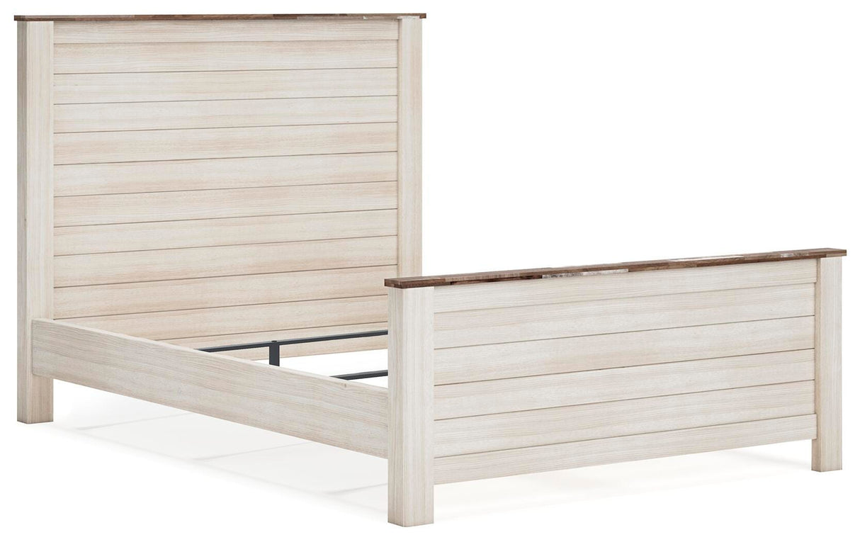 Willowton Queen Panel Bed with Mirrored Dresser and 2 Nightstands in Whitewash