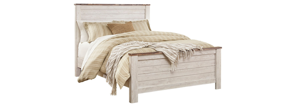 Willowton Queen Panel Bed with Mirrored Dresser and Chest in Whitewash from Ashley Furniture - Luna Furniture