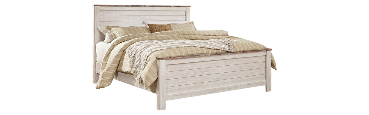 Willowton King Panel Bed with Mirrored Dresser, Chest and 2 Nightstands in Whitewash from Ashley - Luna Furniture