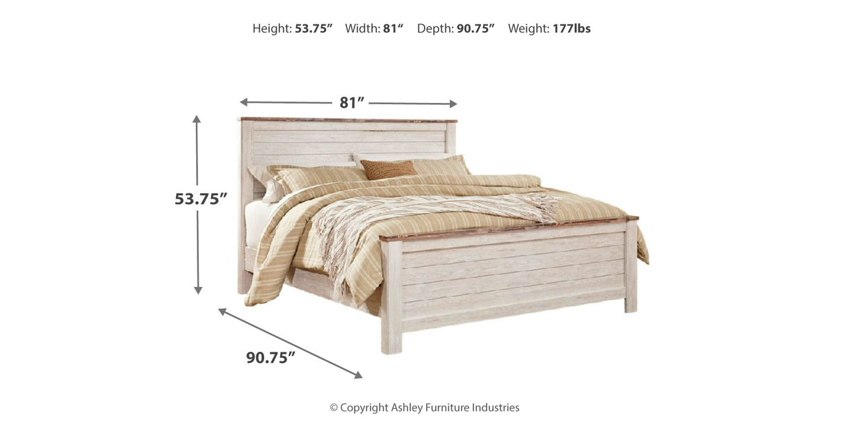 Willowton King Panel Bed with Mirrored Dresser, Chest and 2 Nightstands in Whitewash from Ashley - Luna Furniture
