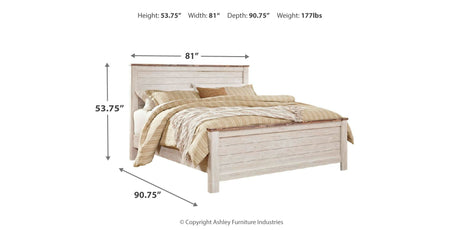 Willowton King Panel Bed with Mirrored Dresser, Chest and 2 Nightstands in Whitewash from Ashley Furniture - Luna Furniture