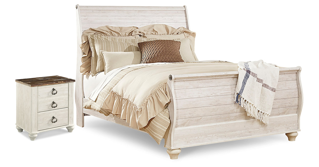 Willowton Whitewash Queen Sleigh Bed and Nightstand from Ashley - Luna Furniture