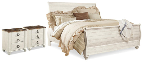 Willowton Whitewash King Sleigh Bed and 2 Nightstands from Ashley - Luna Furniture