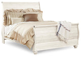 Willowton Queen Sleigh Bed with Mirrored Dresser, Chest and 2 Nightstands in Whitewash