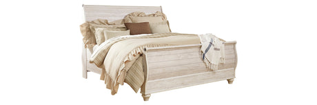 Willowton King Sleigh Bed with Mirrored Dresser and Chest in Whitewash from Ashley Furniture - Luna Furniture