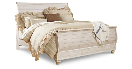 Willowton King Sleigh Bed with Mirrored Dresser and Chest in Whitewash from Ashley Furniture - Luna Furniture