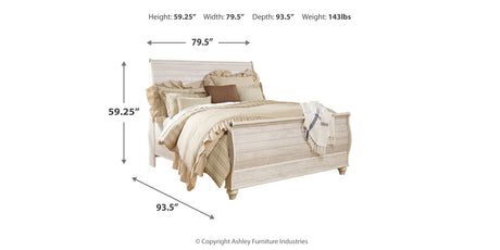 Willowton King Sleigh Bed with Mirrored Dresser and Chest in Whitewash from Ashley Furniture - Luna Furniture