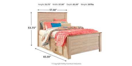 Willowton Full Panel Bed with Storage with Mirrored Dresser in Whitewash from Ashley - Luna Furniture