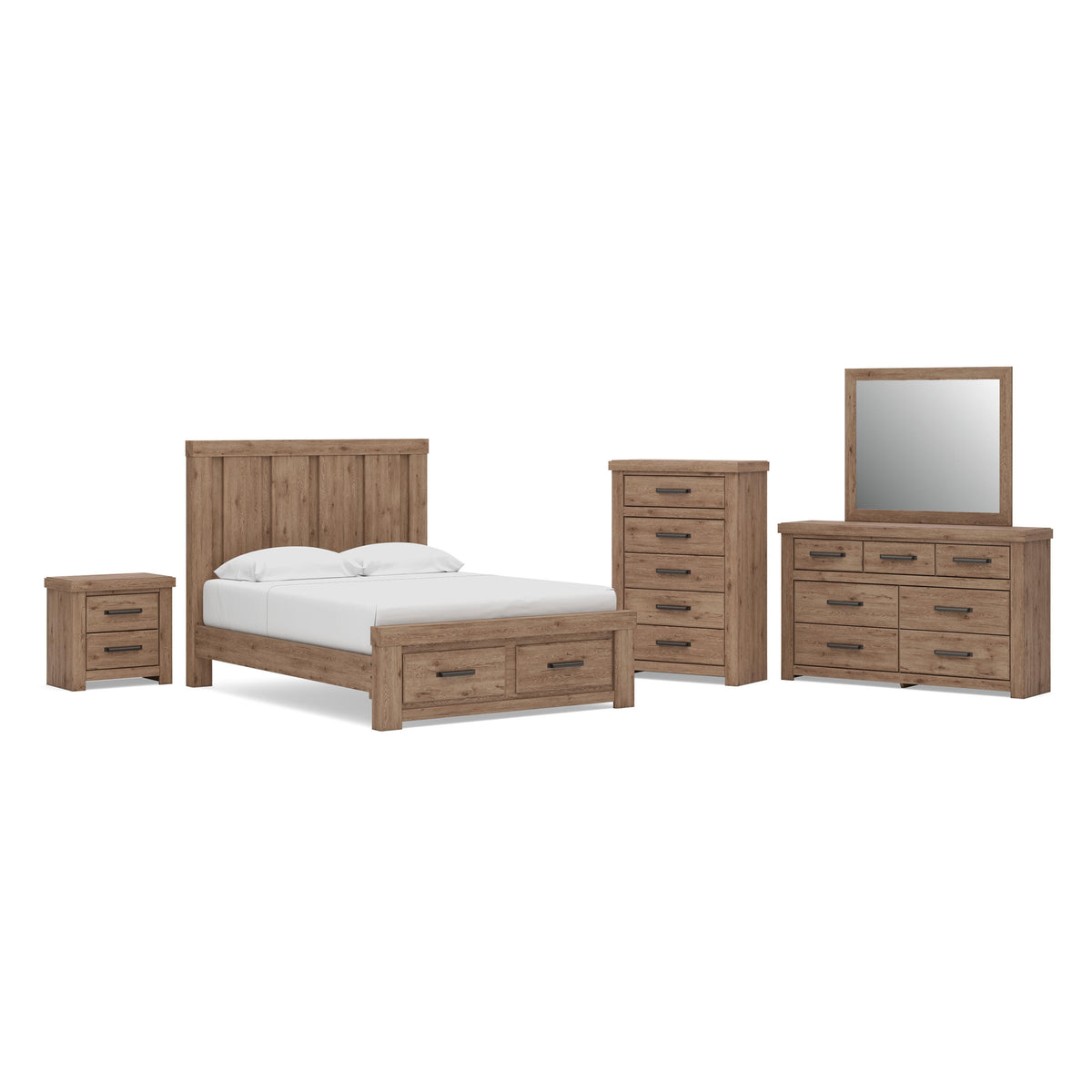 Oliandon Light Brown Queen Panel Storage Bed, Dresser, Mirror and Chest with Nightstand from Ashley - Luna Furniture
