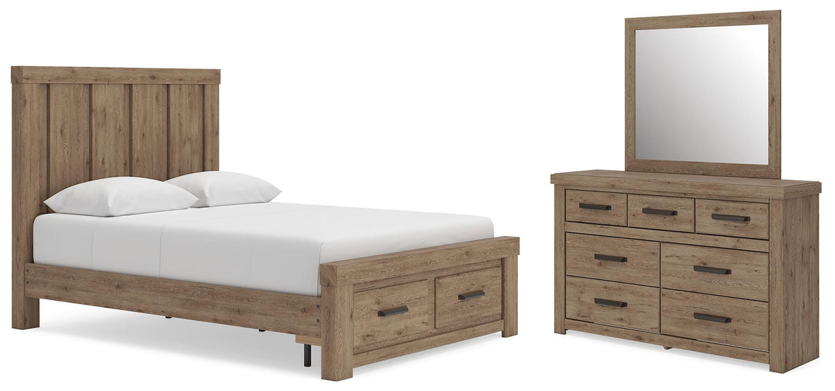 Oliandon Light Brown Queen Panel Storage Bed, Dresser and Mirror from Ashley - Luna Furniture