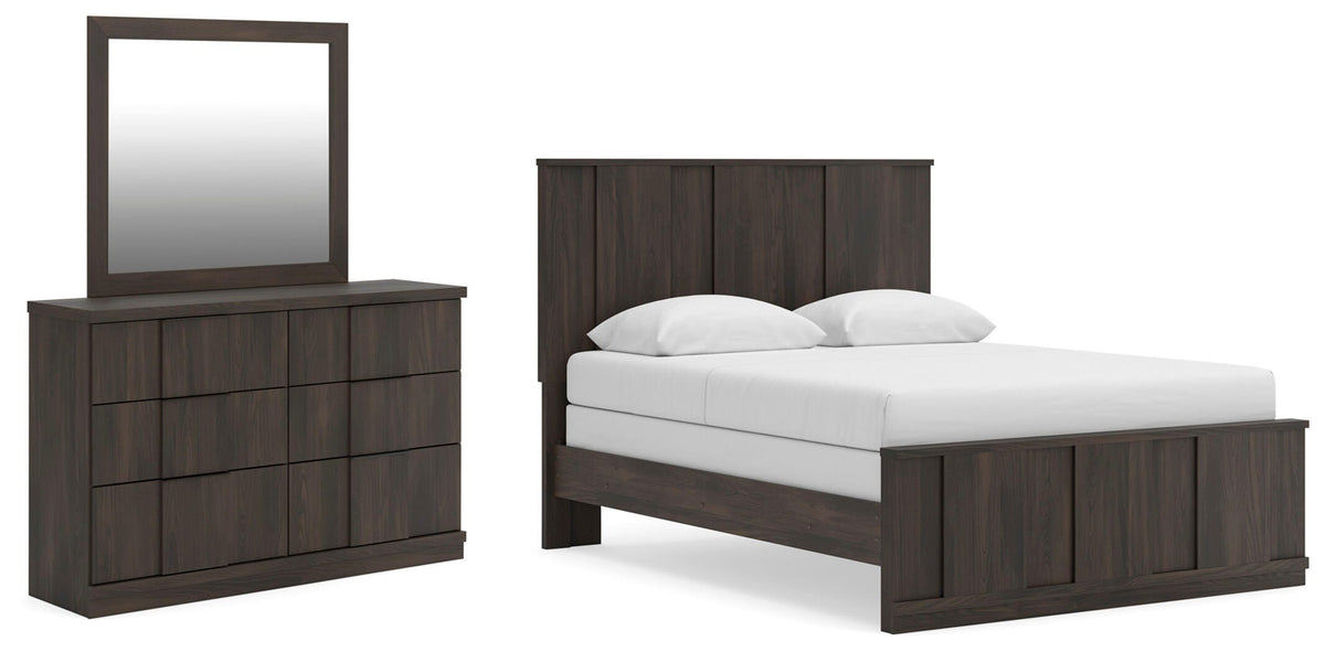 Shaehartin Dark Brown Queen Panel Bed, Mirror and Dresser from Ashley - Luna Furniture
