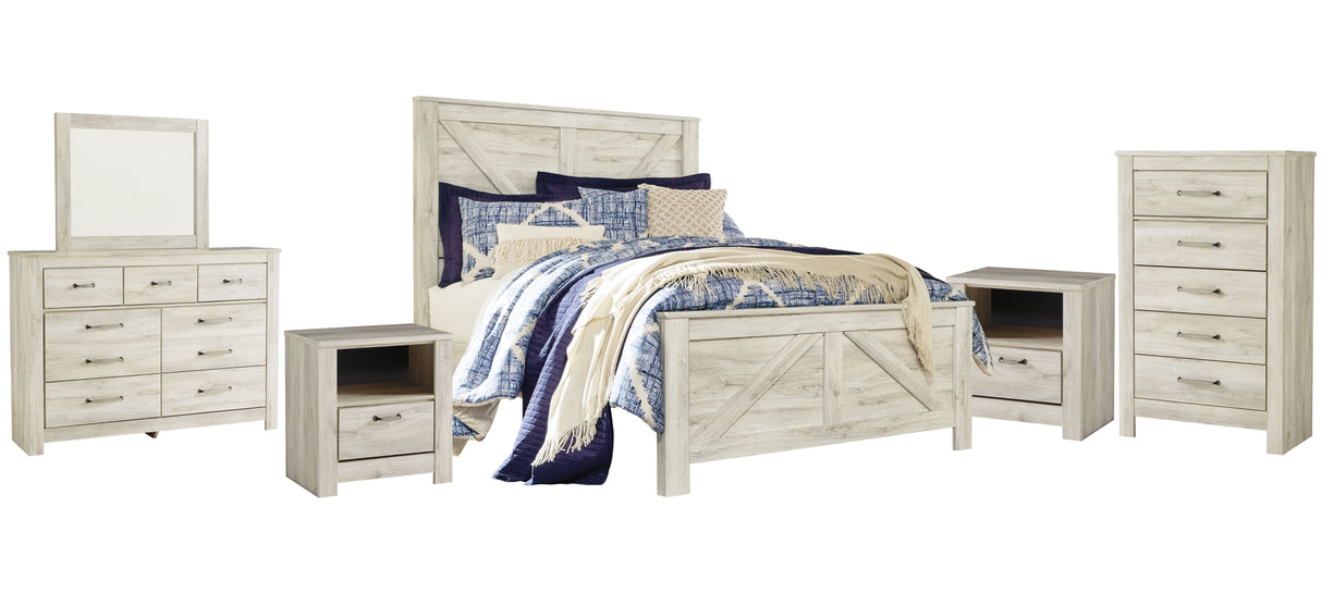 Bellaby Queen Crossbuck Panel Bed with Mirrored Dresser, Chest and 2 Nightstands in Whitewash from Ashley Furniture - Luna Furniture