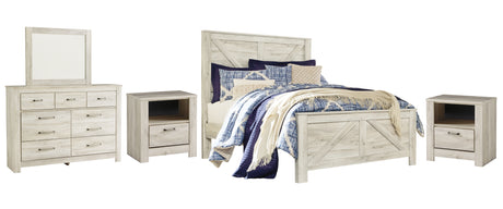 Bellaby Whitewash Queen Crossbuck Panel Bed, Dresser, Mirror and 2 Nightstands from Ashley Furniture - Luna Furniture