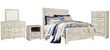 Bellaby Queen Crossbuck Panel Bed with Mirrored Dresser, Chest and Nightstand in Whitewash from Ashley Furniture - Luna Furniture