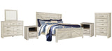 Bellaby King Crossbuck Panel Bed with Mirrored Dresser, Chest and 2 Nightstands in Whitewash from Ashley Furniture - Luna Furniture