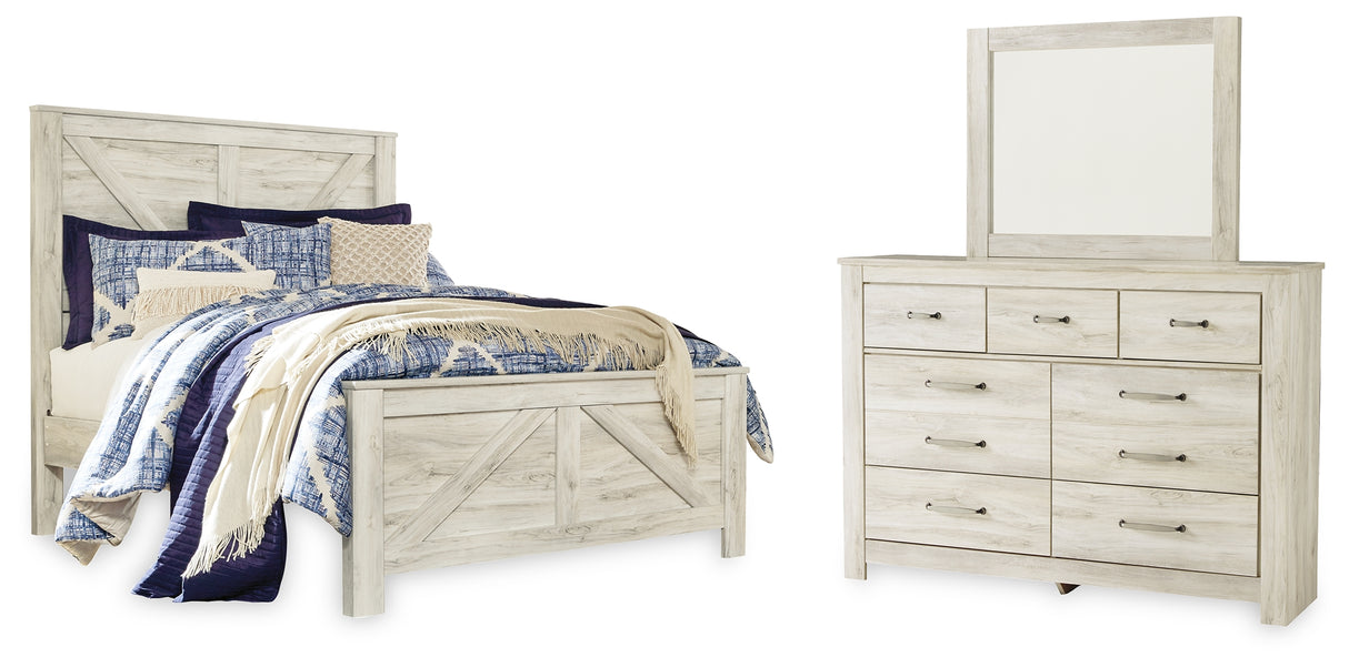 Bellaby Whitewash Queen Crossbuck Panel Bed, Dresser and Mirror from Ashley - Luna Furniture