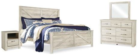 Bellaby Whitewash King Crossbuck Panel Bed, Dresser, Mirror, and Nightstand from Ashley Furniture - Luna Furniture