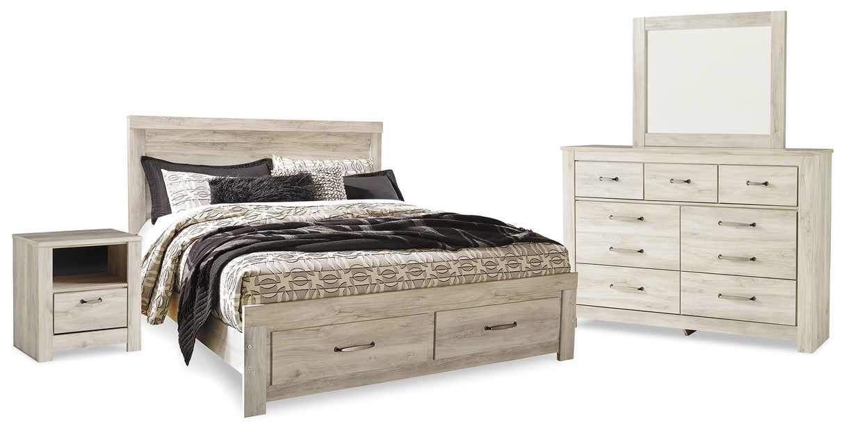Bellaby Whitewash King Panel Storage Bed, Dresser, Mirror and Nightstand from Ashley - Luna Furniture