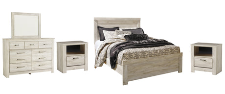 Bellaby Whitewash Queen Panel Bed with Mirrored Dresser and 2 Nightstands from Ashley Furniture - Luna Furniture