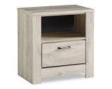 Bellaby Queen Crossbuck Panel Bed with Mirrored Dresser, Chest and Nightstand in Whitewash from Ashley Furniture - Luna Furniture