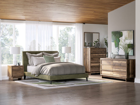 Chirason Sage Green Full Upholstered Bed with Mirrored Dresser, Nightstand and Wide Chest from Ashley - Luna Furniture