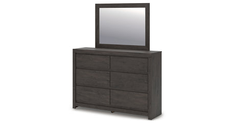Fraluna King Panel Bed with Mirrored Dresser, Chest and Nightstand in Charcoal from Ashley - Luna Furniture