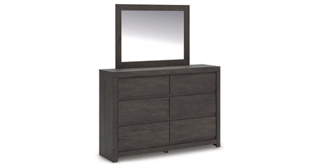 Fraluna King Panel Bed with Mirrored Dresser and Nightstand in Charcoal from Ashley - Luna Furniture