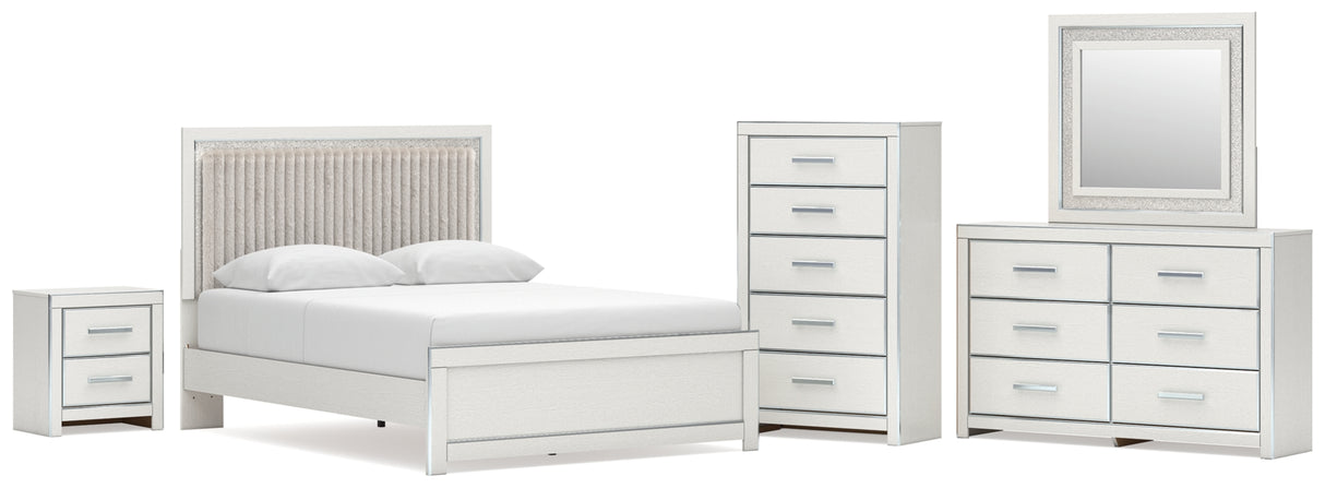 Zuraleus White Queen Upholstered Panel Bed with Mirrored Dresser, Chest and Nightstand from Ashley - Luna Furniture