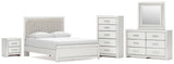 Zuraleus White Queen Upholstered Panel Bed with Mirrored Dresser, Chest and Nightstand from Ashley - Luna Furniture