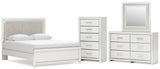 Zuraleus White Queen Upholstered Panel Bed with Mirrored Dresser and Chest from Ashley - Luna Furniture