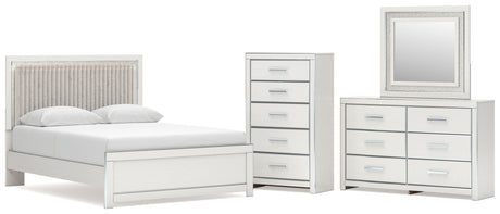Zuraleus White Queen Upholstered Panel Bed with Mirrored Dresser and Chest from Ashley - Luna Furniture