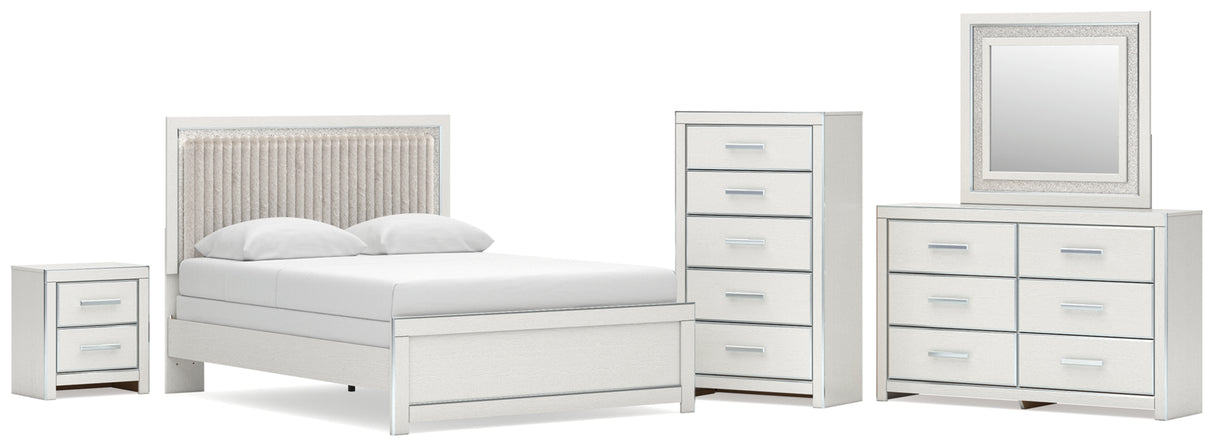 Zuraleus White Queen Upholstered Panel Bed with Mirrored Dresser, Chest and Nightstand from Ashley Furniture - Luna Furniture