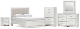 Zuraleus White Queen Upholstered Panel Bed with Mirrored Dresser, Chest and Nightstand from Ashley Furniture - Luna Furniture