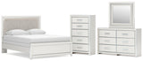 Zuraleus White Queen Upholstered Panel Bed with Mirrored Dresser and Chest from Ashley Furniture - Luna Furniture