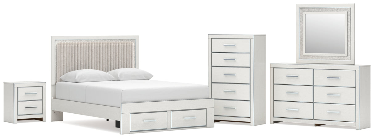 Zuraleus White Queen Upholstered Panel Storage Bed with Mirrored Dresser, Chest and Nightstand from Ashley - Luna Furniture