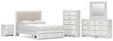 Zuraleus White Queen Upholstered Panel Storage Bed with Mirrored Dresser, Chest and Nightstand from Ashley - Luna Furniture