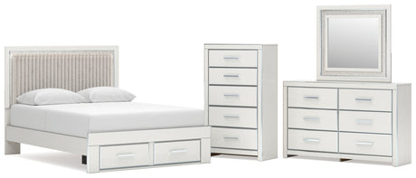 Zuraleus White Queen Upholstered Panel Storage Bed with Mirrored Dresser and Chest from Ashley - Luna Furniture
