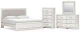 Zuraleus White King Upholstered Panel Bed with Mirrored Dresser and Chest from Ashley - Luna Furniture