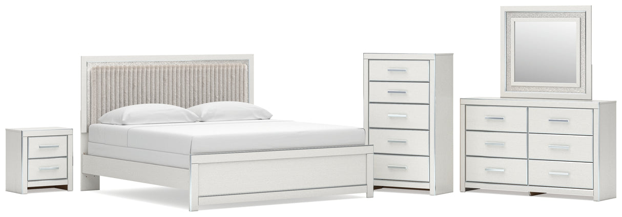 Zuraleus White King Upholstered Panel Bed with Mirrored Dresser, Chest and Nightstand from Ashley Furniture - Luna Furniture