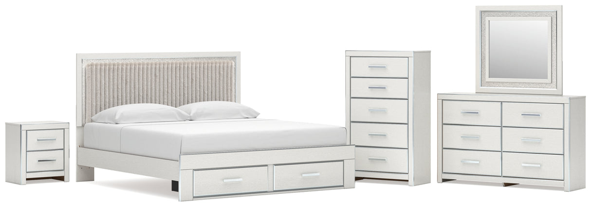 Zuraleus White King Upholstered Panel Storage Bed with Mirrored Dresser, Chest and Nightstand from Ashley - Luna Furniture